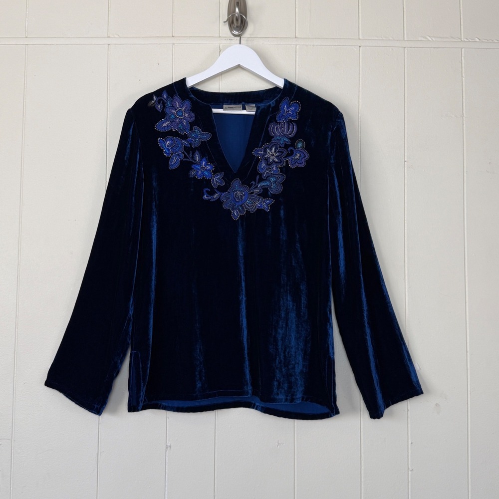 Chicos Womens Blue Silk Blend Velvet Embroidered Beaded Tunic Top Size M Boho